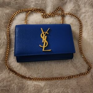 Saint Laurent Blue Monogram Leather Chain Wallet
